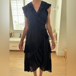 Zimmermann Black Pleated Ruffle Wrap Midi Dress-worn 1x